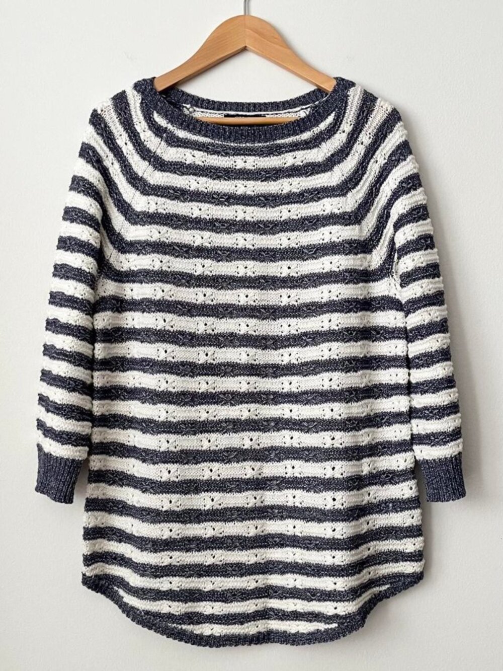 NWOT Chaps Women's Open Knit Crochet Striped Sweater Size M 3/4 Sleeve Nautical